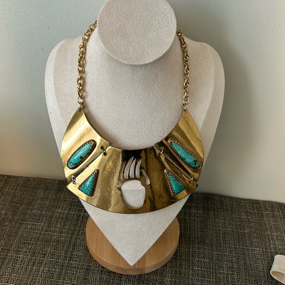 Hand made Najavo style Turquoise and Gold tone necklace and pierced earring set